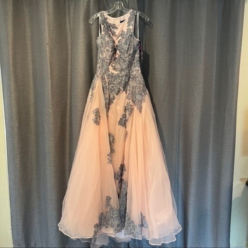 NWT Alyce Paris Blush Slate Floral Gown with Lace flowers size 8